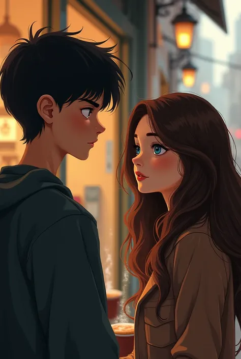 Image of a black-haired boy with blue eyes watching a brunette girl with long curly hair in front of a coffee shop