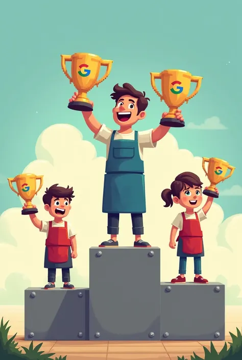 A pixel art podium with three positions. At the center, At the top, there is a salesman wearing an apron, smiling and holding a trophy with the Google symbol. Left and right, in the lowest positions, there are two other vendors also wearing aprons, holding...