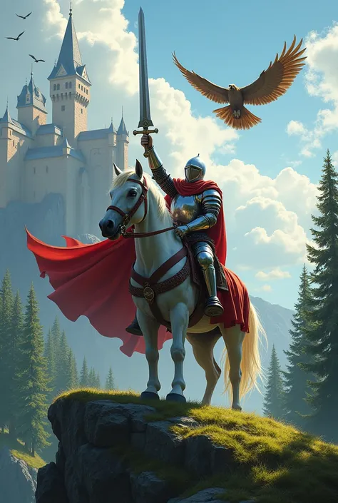 A knight holding a sword up victorious wearing helmet on a horse staying on a green hill 
Wearing red cloak 
Some eagles fliyn in sky 
A castle in background 
Trees in background 