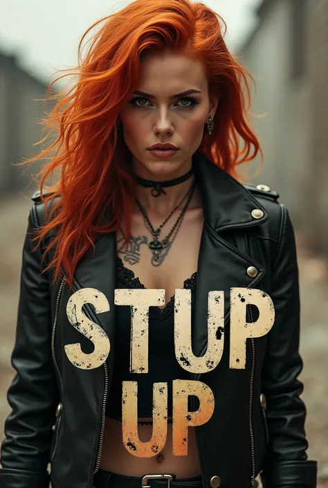 A badass redhead with text in the foreground saying stup up