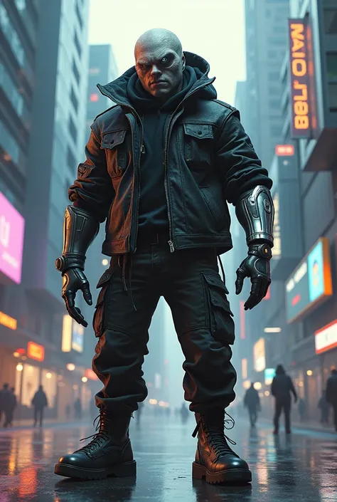 Cyclops with urban clothes in a futuristic world and a metal arm