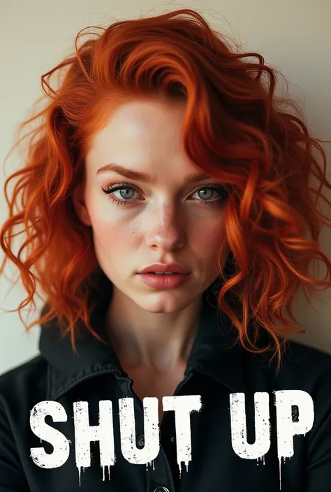 A badass redhead with a text in the foreground written shut up