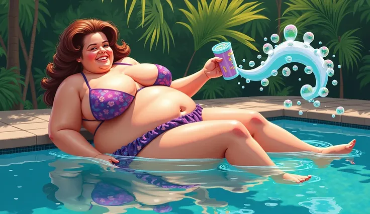 beautiful morbidly obese woman in a bikini farting bubbles in a pool, comic artstyle