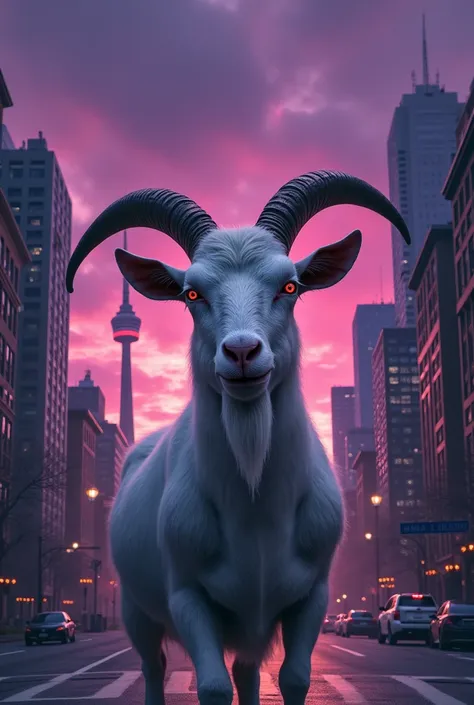 Cria um goat no meio de uma  Canadense com  ceu roxo e a cara do goat meio demonica🇨🇦
Em uma cidade canadense em Toronto Canadá 