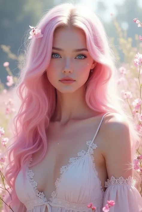 A beautiful woman with long light pink hair and blue eyes wearing white and light pink clothes 