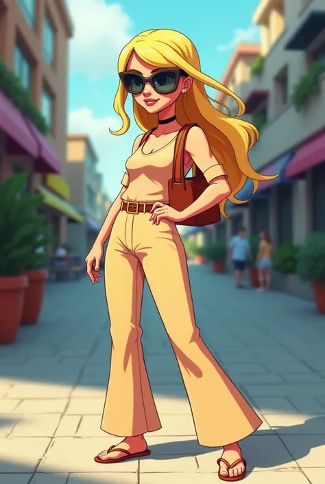 A woman with long blonde hair, with dark glasses, pink clothes. Baton pink, and jumping, duffel bag , Dress or palazzo jumpsuit