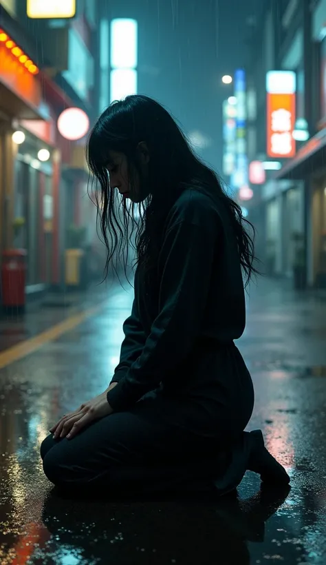 an asian woman in black clothes, standing backwards, kneeling crying in the street on a rainy night in Tokyo