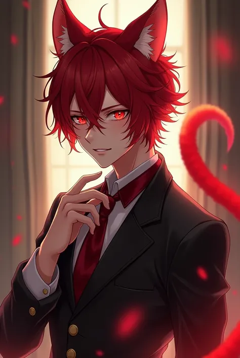 man, beautiful playful face, Red hair, red cat ears, red cat tail., Antique clothes, Red eyes, beautiful body, high detail, professional quality, realistically, anime art