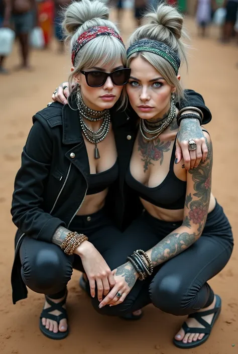 Two russian milf women,  grey hair (bouffant, top bun) and oversized square sunglasses and wide  colourful bandana as headband, with very light green eyes, extremely pale. Big lips.  Aged cropped black suede moto jacket with side and sleeve zippers. Black ...