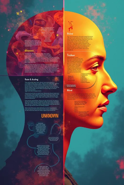 Colorful Johari window with 5 personality descriptions in public area and blind area. In the private area, the 5 descriptions must be encrypted or not readable to the public and in the unknown area, put something thematic to the unknown. 