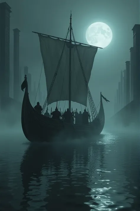 "Create an atmospheric image of a Viking ship at night, sailing in foggy waters. Featured Vikings dressed in war clothing and weapons. Add an impressionistic touch with reflections of the boat in the dark water, and the moon reflecting on the sides. Use a ...