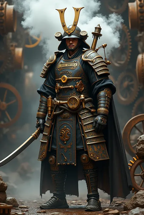 Steampunk samurai with pipes and steam