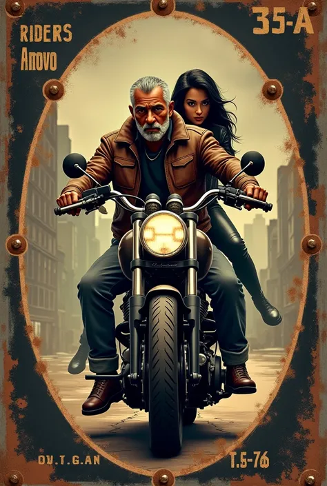 Create an image with the following elements:
1 - An aged oval metal plate with rivets, scratches and some rust on the edges.
2 - A black and yellow motorcycle, in custom style.
3 - A Brazilian man, dark-skinned, in the 50s, a little gray and shaved hair, r...