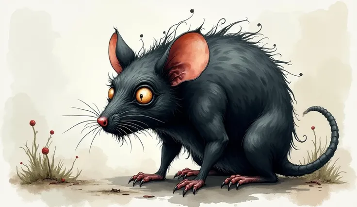 A black deformed rat with many eyes and large ears with the torn fur, rough black and white watercolor paint.