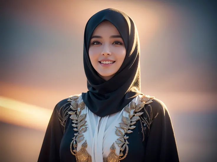 a gorgeous 4 Indonesian woman, 1girl, silk abaya, in hijab, smiling, shy, opened mouth, visible teeth, hot mom, full body portrait, (best quality,4k,8k,highres,masterpiece:1.2),ultra-detailed,(realistic,photorealistic,photo-realistic:1.37),HDR,UHD,studio l...