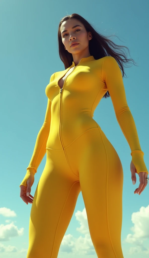 A single skydiver standing, wearing an extremely tight yellow jumpsuit. The jumpsuit is so tight that it perfectly conforms to her body, highlighting all her curves, especially her large, well-defined thighs. The fabric stretches visibly between her thighs...