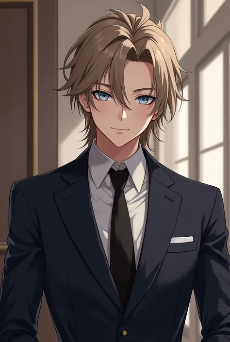 I want you to create a realistic male anime character around 2 with light brown almost ash blonde hair, snow blue eyes, Medium short long hair combed and with a suit twisted up, Not so much that he is strong, but he does look like he is in the gym. 