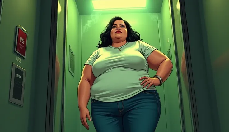 beautiful morbidly obese woman with a t-shirt and jeans standing in an elevator surrounded by olive green stink fumes, comic artstyle