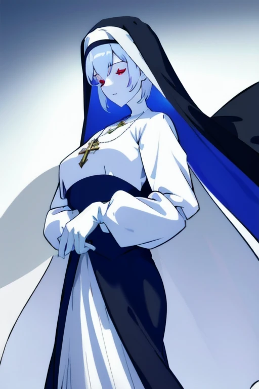 , closed eyes, 
 blue habit, cross necklace ,white gloves, long sleeves, nun, long skirts, cape, standing, white skin, red eyes, 
   1girl, Solo, Masterpiece, Best Quality, Breasts, 