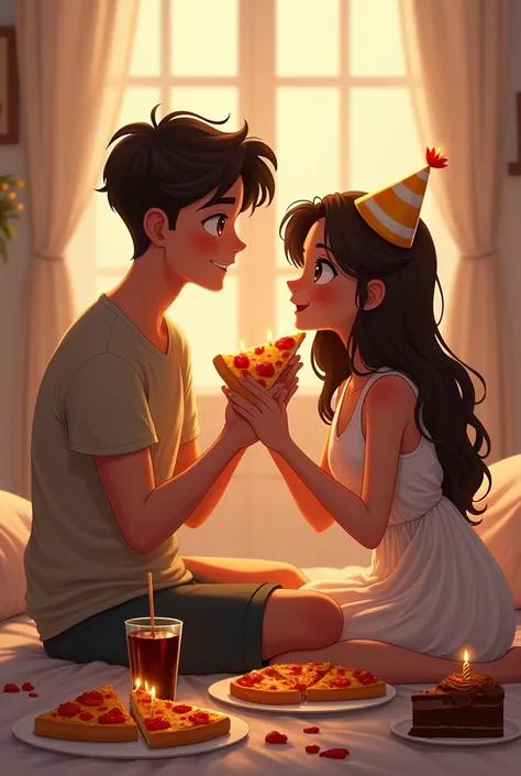 A young boy with a good physique and a chubby cheeks girl and long hair are celebrating a girls birthday sitting on the bed and a boy will eating pizza to his girl from his hand and in front of them some slices of pizza are left and on right side or table ...