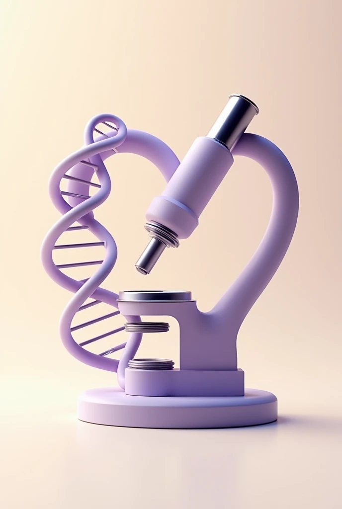 A heart-shaped microscope with DNA coiled in shades of lilac and purple, on a light beige background. minimal style, with fine and elegant lines.