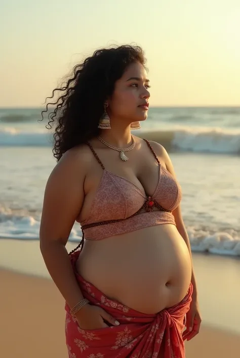 A bangladeshi girl with curly hair and big breasts standing in front of a beach , taking a realistic photo