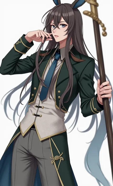 man, Beautiful face, long brown hair, long bunny ears, Antique clothes, grey eyes, beautiful body, high detail, professional quality, realistically, anime art