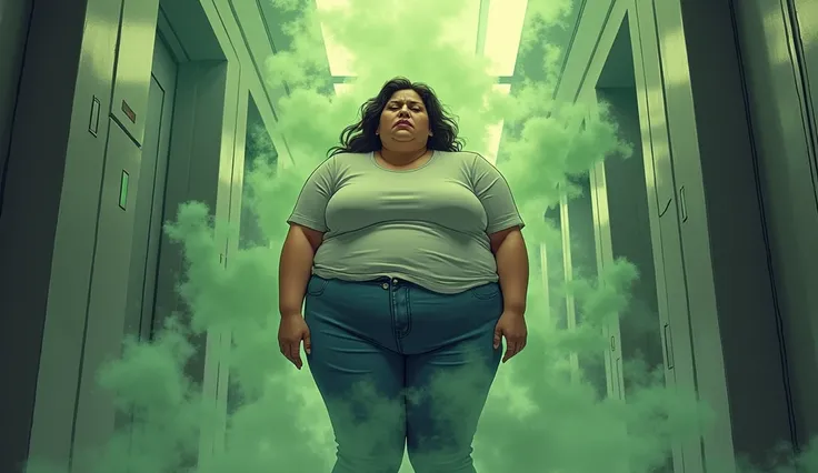 beautiful morbidly obese woman with a t-shirt and jeans standing in a grey elevator surrounded by olive green stink fumes, comic artstyle