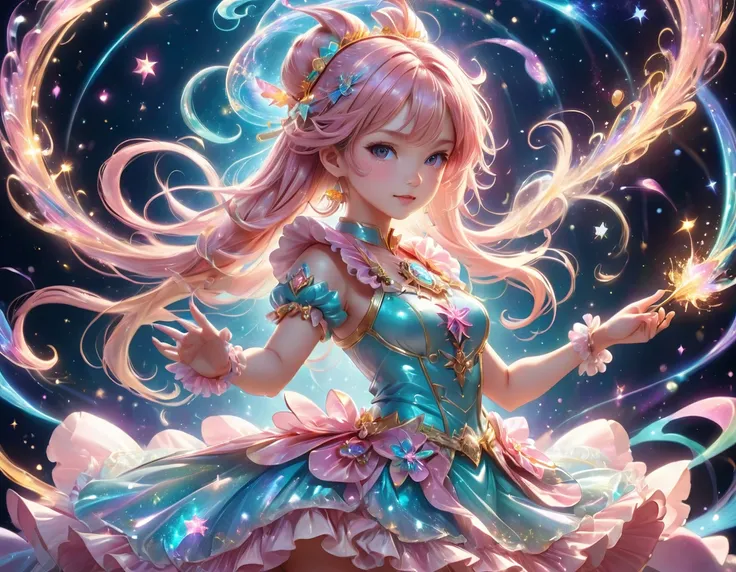 アニメ,An illustration,Magical girl,,Magical girl costume:detailed,Magic Effects,Light,Very light, artistic, artist, Color art, Use of magic,fancy,fantasy,cute,Extremely cute,The highest masterpiece,masterpiece,3d,8k,Sparkling,rich colors,pastel colour,Cast c...