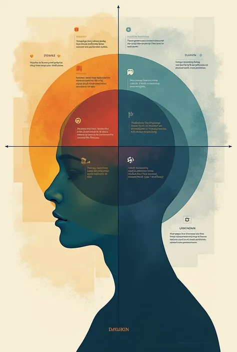 Johari window with 5 personality descriptions in public area and blind area. In the private area, the 5 descriptions must be encrypted or not readable to the public and in the unknown area, put something thematic to the unknown.