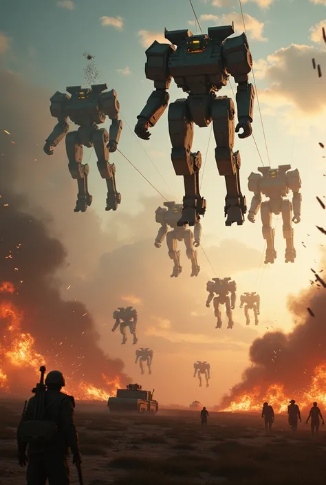 A cinematic action scene depicts mech units deploying from the sky via parachutes. Several military mech units, suspended in the air, fire their weapons toward enemies on the ground. The sky is filled with anti-aircraft rounds and surface-to-air missiles, ...