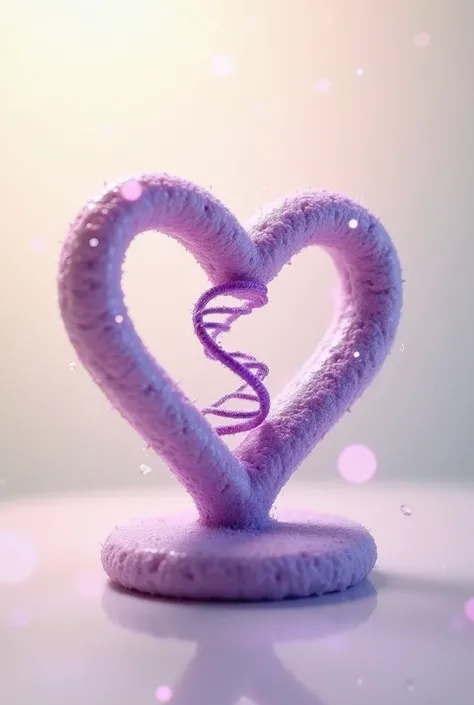 A heart-shaped microscope with DNA coiled in shades of lilac and purple, on a light beige and light green background. minimal style, with fine and elegant lines.