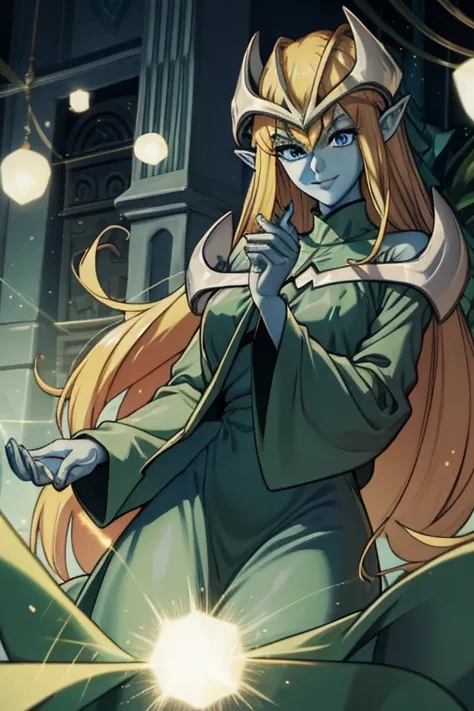 mysticalygo, mystical elf, smile, green dress, long sleeves dress., loose sleeves, long skirt, blue skin, blonde hair, long hair, room, Yugioh, 1girl, Solo, no hands, sleeves coverd hands, overly long sleeves, standing