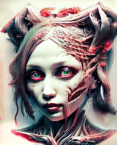 Beautiful woman goth chick, Bright neon green eyes, michael hussar, slime punk, hyperrealism, pink hair, ornamental gothic - cyberpunk, stefan gesell, deiv calviz, cybergoth, cyberpunk horror style, nagash editorial, intricate cyberpunk make - up, portrait...