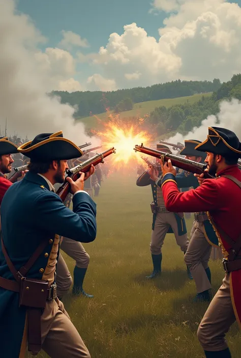 American soldiers in blue uniforms and British soldiers in red uniforms are firing guns at each other during the American Revolutionary War