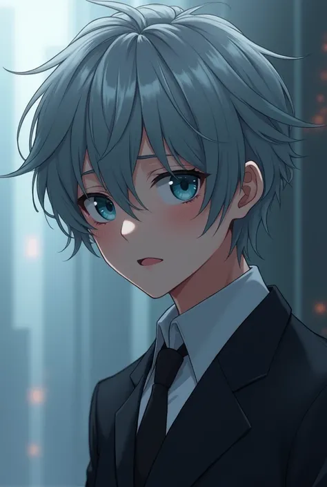 a young anime character, with suit dark silver hair, dull snow blue eyes, expression would be, hyper realistic, German nationality 