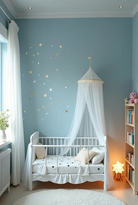 For her little room, we chose the theme of "stars and moon". We wanted a peaceful and magical environment for our little one.. The walls were painted in a soft shade of sky blue., e uma parede foi decorada com adesivos de stars and moons brilhantes. The li...