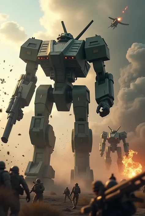 ((Militaristic artistry, meticulous mechanical detail, realistic ambiance))A cinematic action scene unfolds as mech units deploy from the sky via parachutes. Suspended in mid-air, several military mechs fire their weapons at ground-based enemies. The sky e...