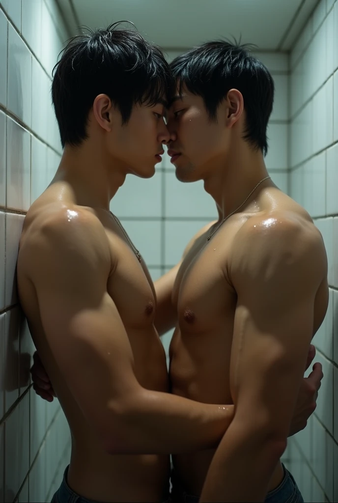 two attractive, muscular Japanese young men in their early twenties、public bathroom、hugging, blushful, completely naked