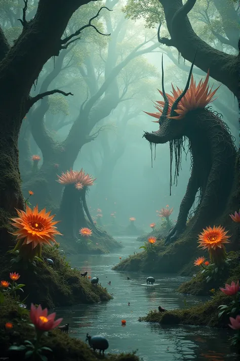 Alien swamp filled with deadly life. alien bugs ,alien plants, alien creatures, a scene with many alien lifeforms