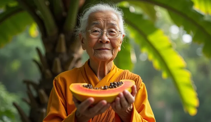 Under the shade of a large papaya tree, the same elderly Buddhist woman holds a freshly cut papaya in her hands, explaining its many health benefits, especially for those over 50. Her face is kind and caring, as she gestures to the fruit, offering it as a ...