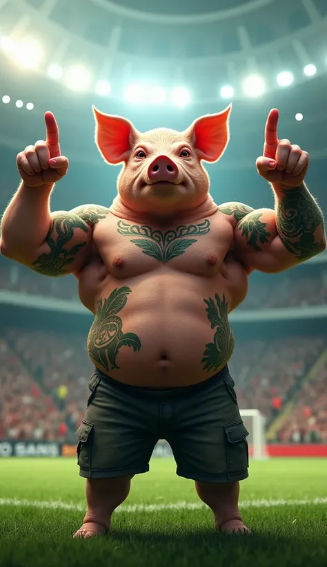 A muscular pig, with a defined gym belly, puffed out chest and no shirt, green tattoos, crossing his arms above his head and pointing the middle finger of both hands, inside a soccer stadium