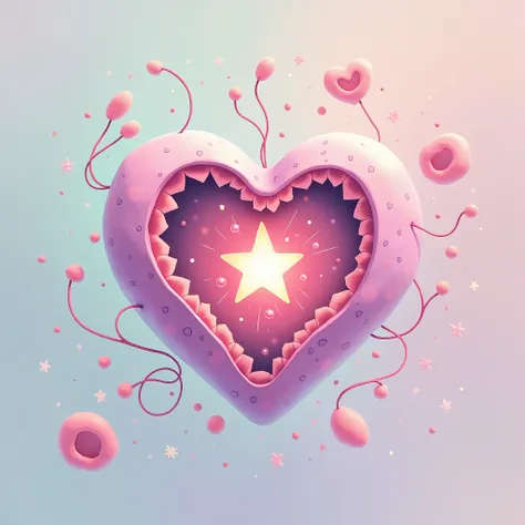 A heart-shaped cell with a star-shaped nucleus and smooth endoplasmic reticulum in pastel shades of pink, lilac and green. Illustrated style, with delicate and colorful features.