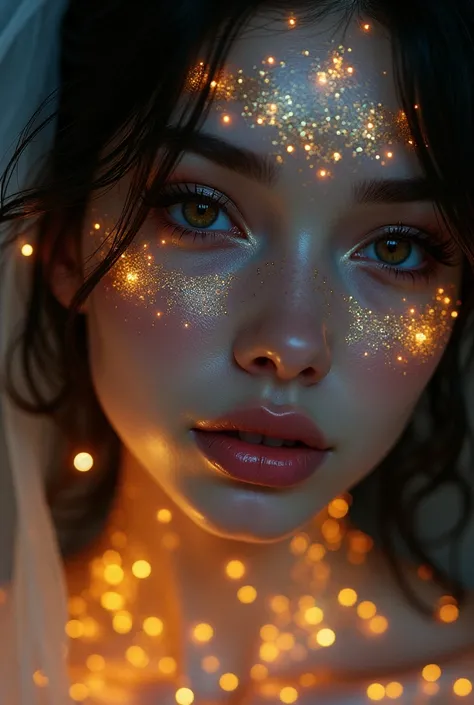 arafed woman with gold and glitter on her face, glowing magical shiny skin, glowing face, 8k artistic portrait photography, brandon woelfel, glowing with colored light, beautiful digital artwork, unreal engine : : rave makeup, beautiful fantasy portrait, f...