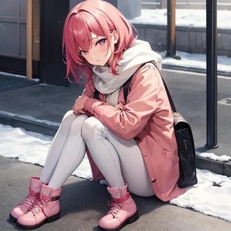 An 1 anime woman, sitting on the sidewalk in a city in Japan covered with light snow in the afternoon. Mide 168 cm, its measures: B 60, At 30,H 80; She has short carmine red hair, His eyes are small and crimson red., He has a pained expression as he moans ...