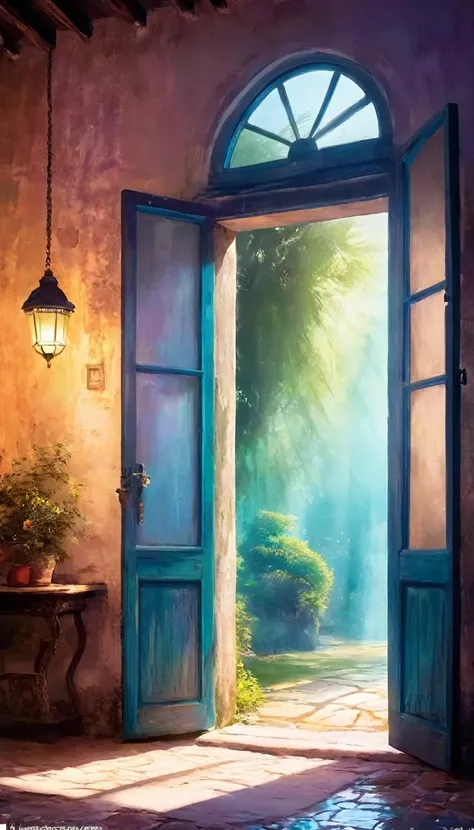 a dreamy space，there is a door to dreams，light，rays of light，colorful，art style，picturesque，poster，朦胧的艺术poster