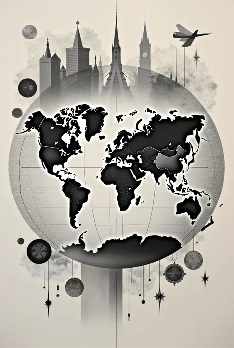 a collage with a world geography theme , maps and grayscale art