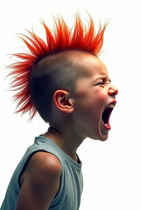 screaming child in profile with long spiky mohawk hair white background minimalist colorful image