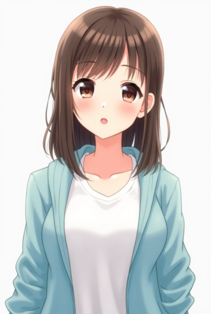 An anime style girl with the following characteristics: White T-shirt, over a light blue jacket, straight brown hair, and only half of the body is visible, White skin color, a little chubby and bust, and that he is smiling 