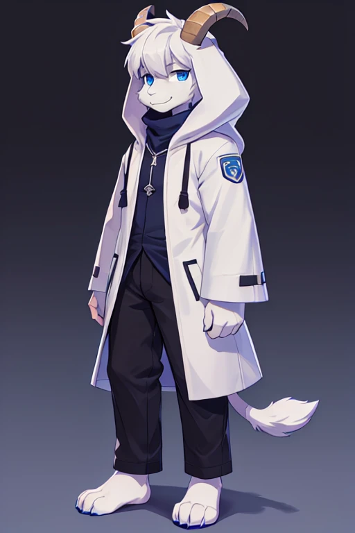 a man, alone Asriel, Undertale (Asriel Dreemurr), smile, eskimo coat(blue coat), tall, hairy, anthropomorphic, blue eyes(black blouse, black pants), goat paw, paw with pastern(short tail, tail anthropomorphic, short tail, bushy tail, antrum goat tail, hair...